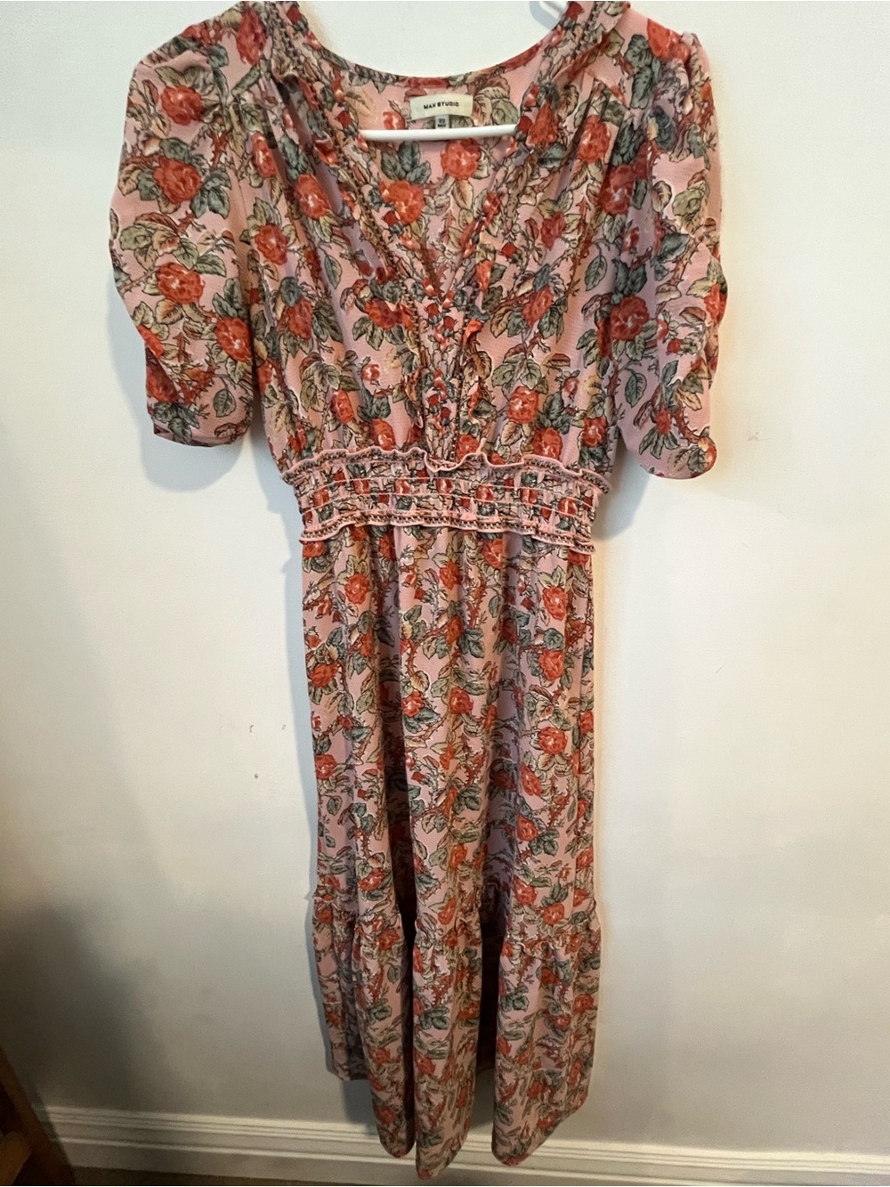 Max Studio Floral V-Neck Midi Dress - Peach Floral